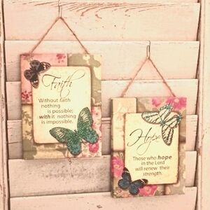 Faith & Hope Glittery Butterflies Canvas Wall Art, Set of 2